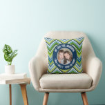We Love Grandma - Custom Photo - blue chevrons Cushion<br><div class="desc">Includes bright colourful chevrons and feminine colours. A perfect gift for a mum or grandma or even stepmom, godmother. This is a fun project to make and brighten someone's day. Send a fun Mum's Day greeting with a picture and customised template. For best results use a square cropped photo before...</div>