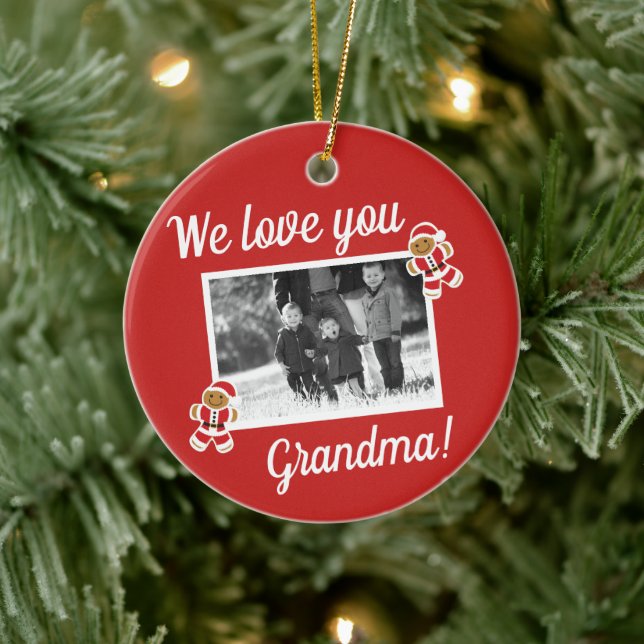 We love Grandma Gingerbread Red Photo Christmas Ceramic Tree Decoration (Tree)