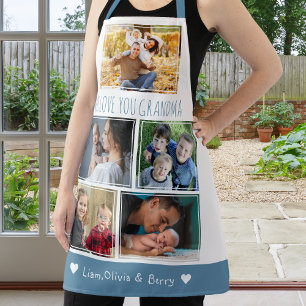 We Love Grandma Grandkids 5 Photo Blue And White Apron