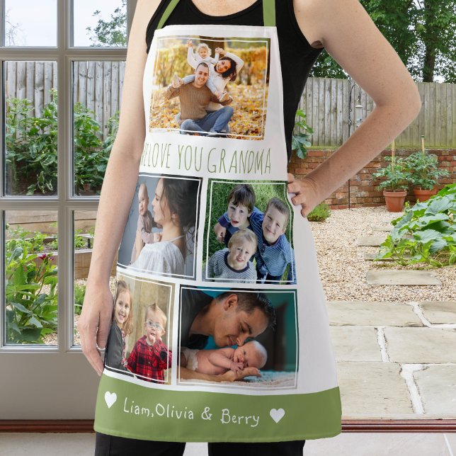 We Love Grandma Grandkids 5 Photo Green And White Apron (We Love Grandma Grandkids 5 Photo Green And White Apron)