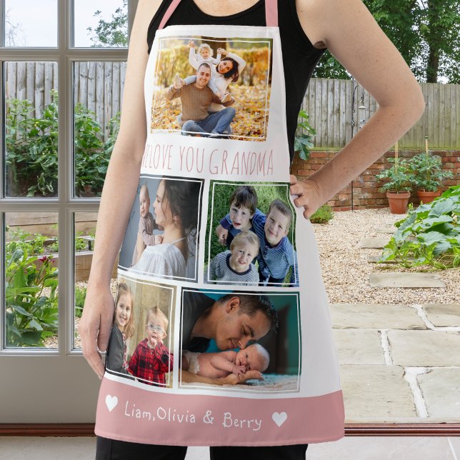We Love Grandma Grandkids 5 Photo Pink And White Apron (We Love Grandma Grandkids 5 Photo Pink And White Apron)