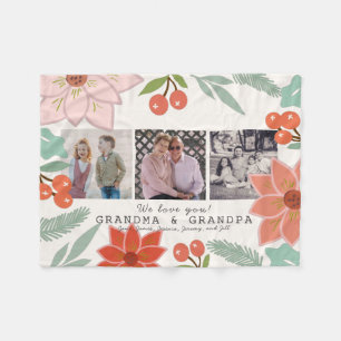 We Love Grandma & Grandpa Floral Cream White Photo Fleece Blanket