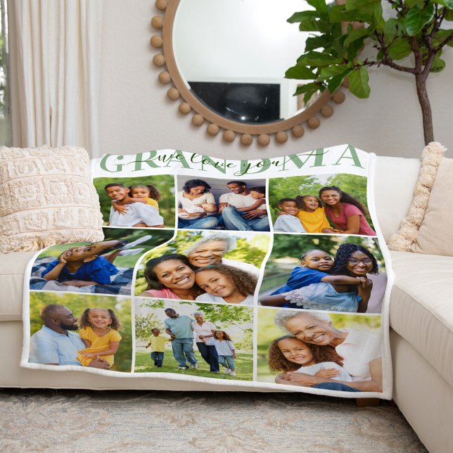 We Love Grandma Green Mothers Day Photo Collage Fleece Blanket (Creator Uploaded)
