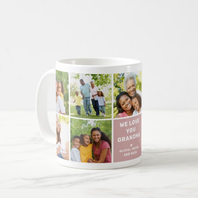 We Love Grandma Modern Dusty Rose Photo Collage Coffee Mug (Front Left)