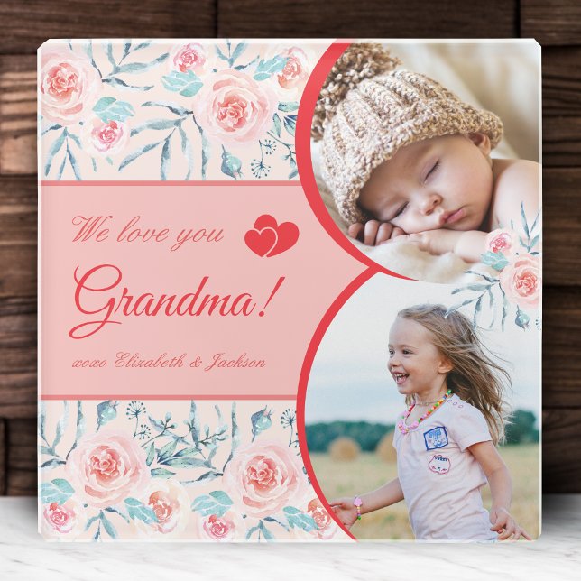 We Love Grandma Pink Floral Valentine's Day Photo Glass Coaster (Creator Uploaded)