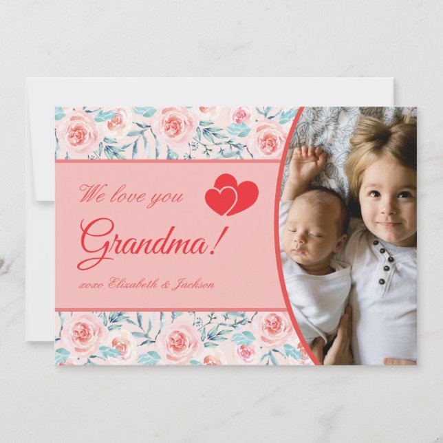 We Love Grandma Pink Floral Valentine's Day Photo Holiday Card (Front)