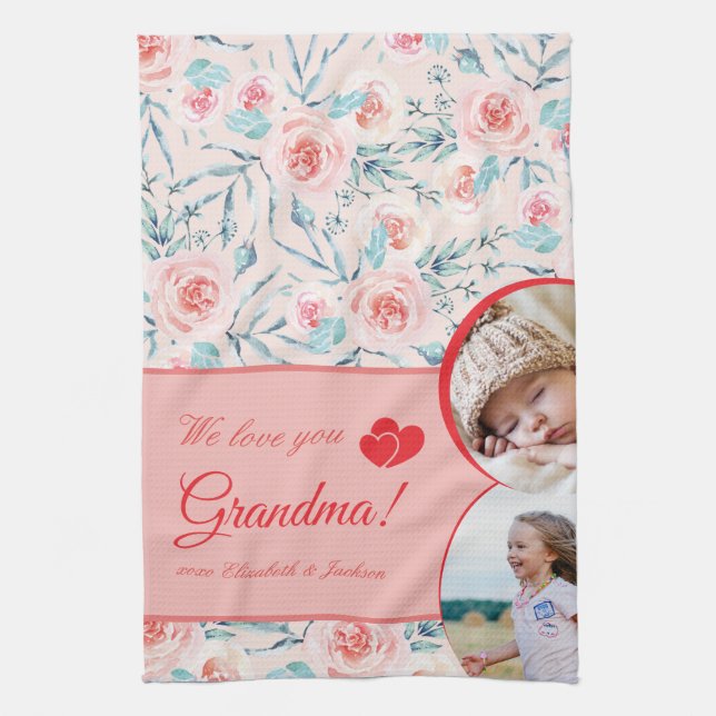 We Love Grandma Pink Floral Valentine's Day Photo Tea Towel (Vertical)