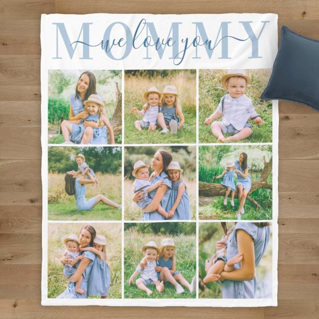 We Love Mummy Blue Mother's Day Photo Collage Fleece Blanket (Creator Uploaded)