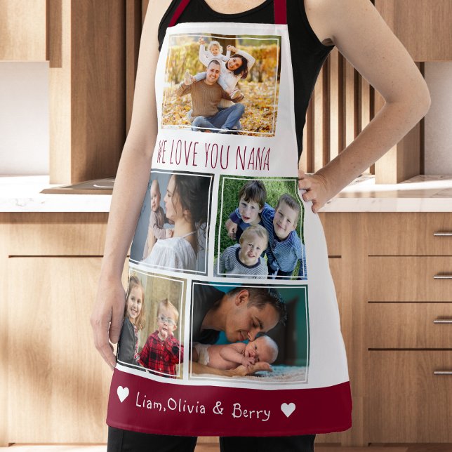 We Love Nana Grandkids 5 Photo Red And White  Apron (We Love Nana Grandkids 5 Photo Red And White Apron)