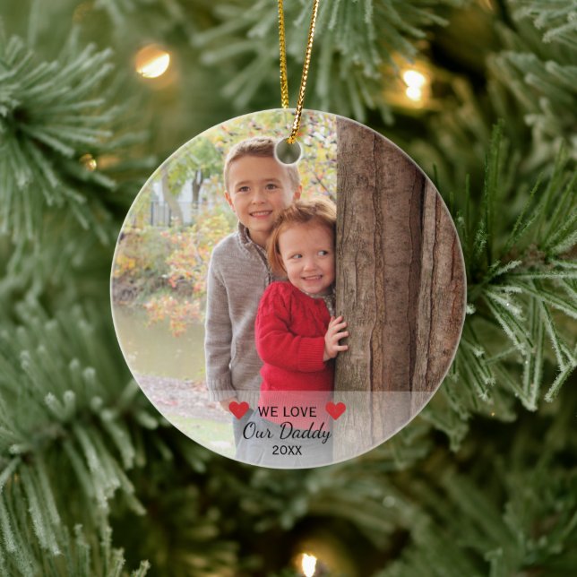 We Love Our Daddy | Hearts & 2 Photos Christmas Ceramic Tree Decoration (Tree)