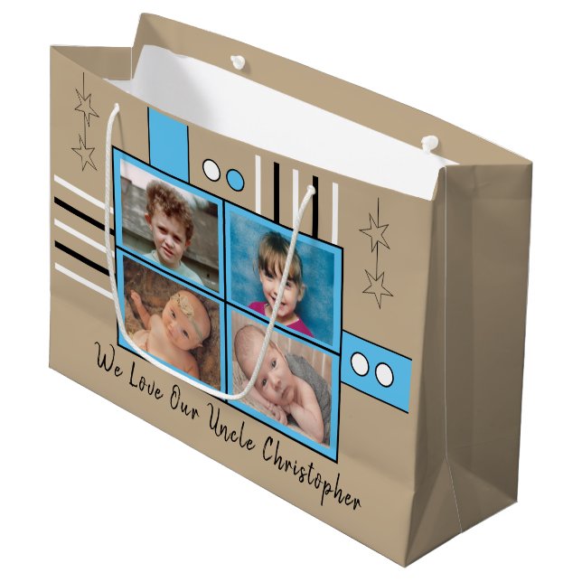 We love our Uncle photos hugs blue birthday Large Gift Bag (Front Angled)