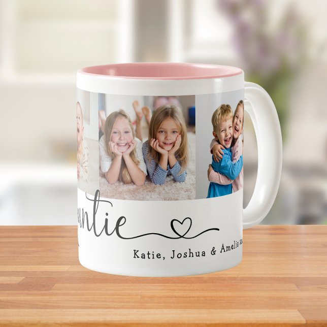 We Love you Auntie 4 Photo Collage Modern Script Two-Tone Coffee Mug (Creator Uploaded)