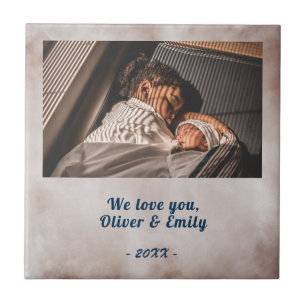 We love you Blush Watercolor Family Photo  Tile