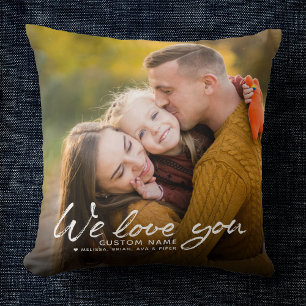 We Love you Custom Name Chic Brush Script Photo Cushion