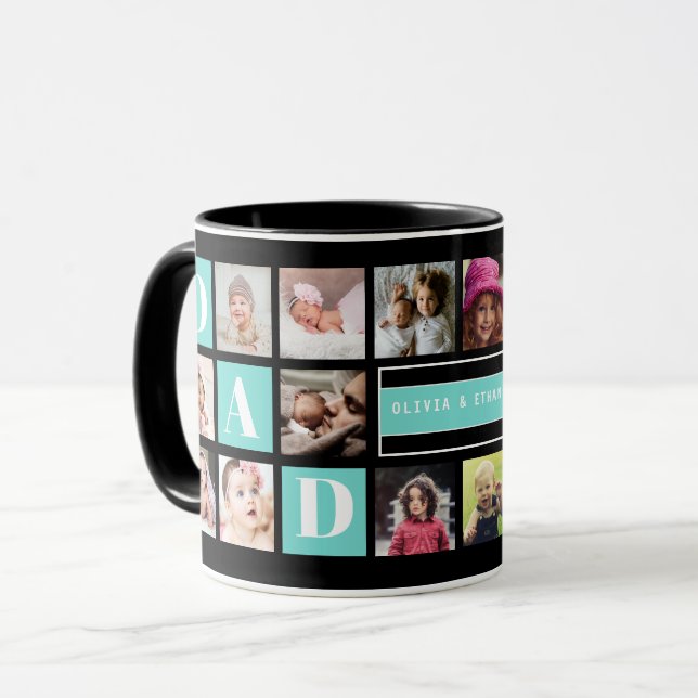 We Love You Dad 16 Family Photo Collage Teal Black Mug (Front Left)
