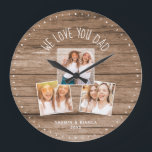 WE LOVE YOU DAD Custom Photo Collage Fathers Day Large Clock<br><div class="desc">Modern 3 photo collage clock with a customisable message now reading WE LOVE YOU DAD, with 3 frames favourite pictures underneath on a rustic farmhouse style (printed) background. Make it your own by adding your names and year below. Unique and personal keepsake gift for the best father ever for Christmas...</div>
