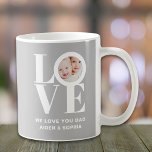 We Love You Dad Custom Photo Father's Day  Coffee Mug<br><div class="desc">This We Love You Dad Photo Mug is decorated with the word LOVE in white typography on a grey background.
Easily customisable with your photo and name.
Makes a great Father's Day gift.</div>