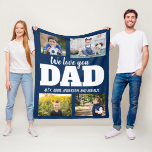 We Love You Dad Navy Blue 4 Photo Child Family Fleece Blanket