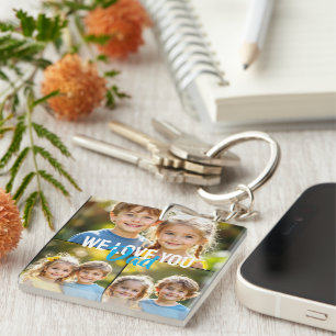 We Love You Dad Photo Collage Blue Yellow Script Key Ring