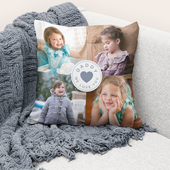 We Love You Daddy Modern Dusty Blue Heart 4 Photos Cushion (Cute custom photo collage "Daddy We Love You" throw pillow.)