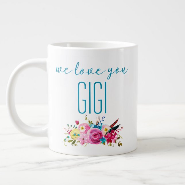 We Love You Gigi Teal Pink Floral Large Coffee Mug (Left)