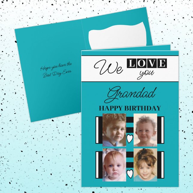 We love you grandad 4 photo turquoise birthday card (Creator Uploaded)