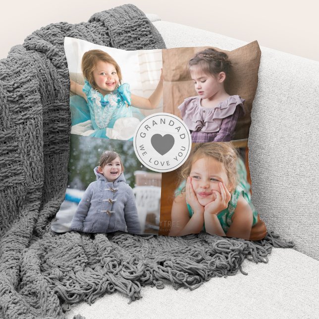 We Love You Grandad / Cute 4 Photo Collage Cushion (Cute custom photo collage "Grandad We Love You" throw pillow.)