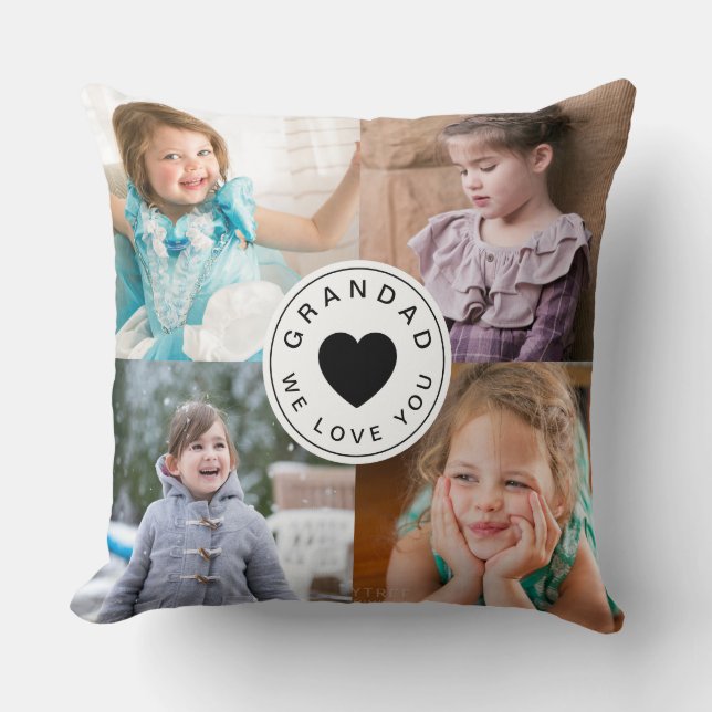 We Love You Grandad Cute Black Heart Photo Cushion (Front)