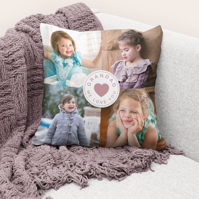 We Love You Grandad Cute Pink Heart  Photo Collage Cushion (Cute custom photo collage "Grandad We Love You" throw pillow.)