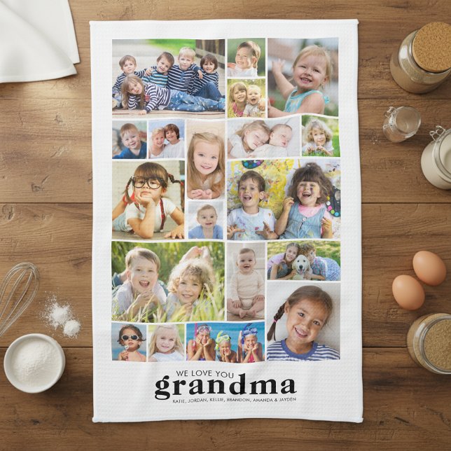We Love You Grandma 19 Photo Collage Names Modern Tea Towel (Creator Uploaded)