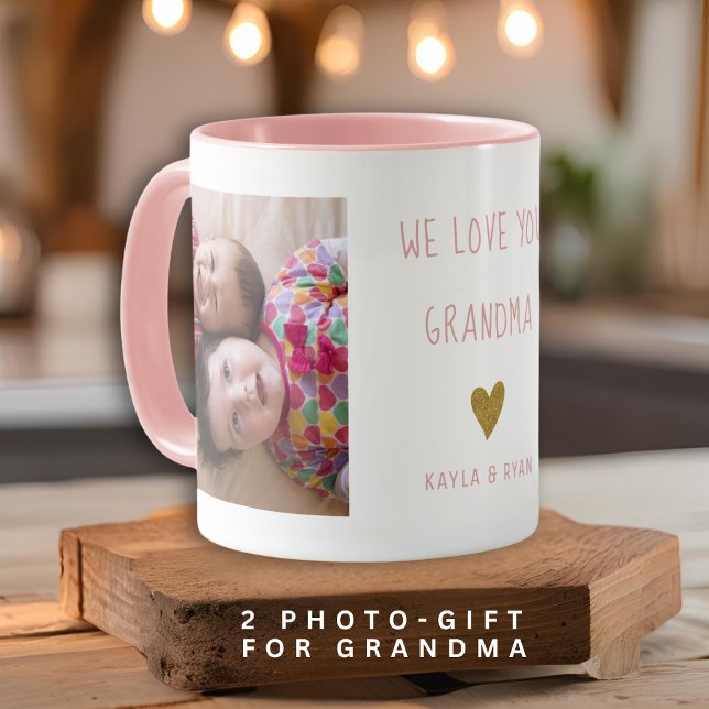 We Love You Grandma 2 Photo Collage Pink Mug (We Love You Grandma 2 Photo Collage Pink Mug)