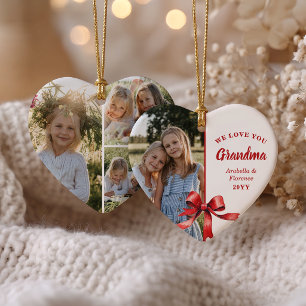 We Love You Grandma 4 Photo Red Bow Christma Ceramic Tree Decoration