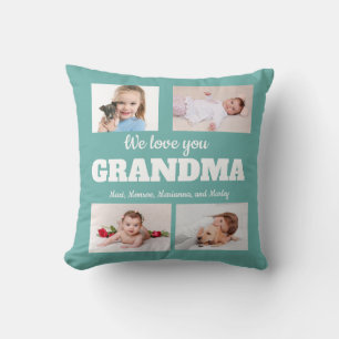 We Love you Grandma 4 Photo Teal Cushion