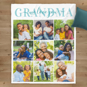 We Love You Grandma Aqua Photo Collage Fleece Blanket