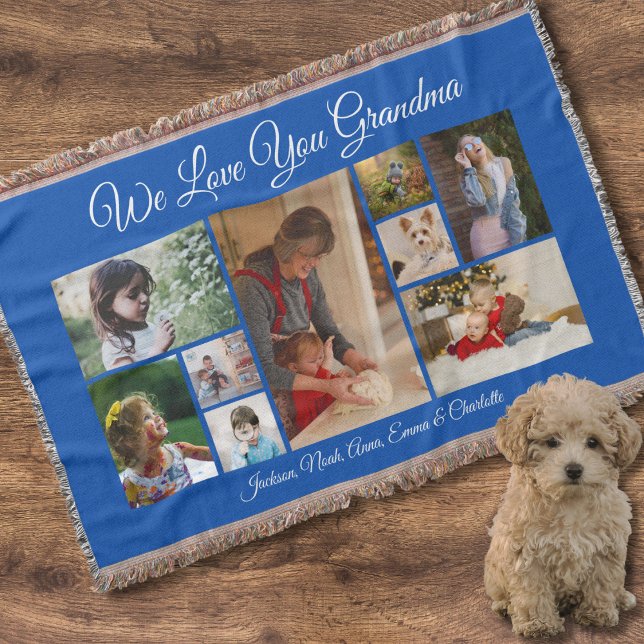 We Love You Grandma | Cobalt Blue 9 Photo Throw Blanket (Creator Uploaded)