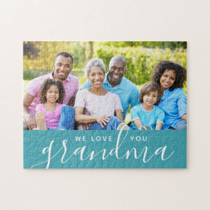 We Love You Grandma Custom Photo Gift   Aqua Jigsaw Puzzle