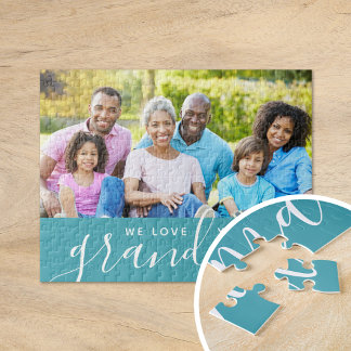 We Love You Grandma Custom Photo Gift | Aqua Jigsaw Puzzle