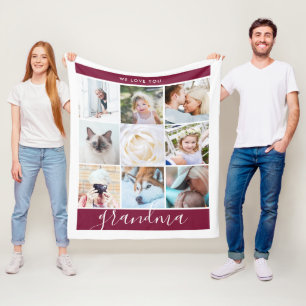We Love You Grandma Custom Photo Gift Burgundy Fleece Blanket