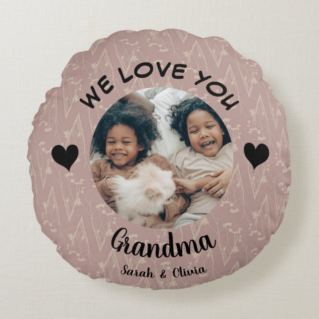 We love you Grandma custom photo & text keepsake Round Cushion (Front)