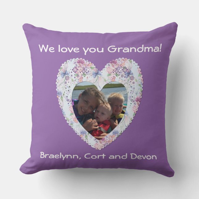 "We love you Grandma" floral heart shaped frame Cushion (Front)