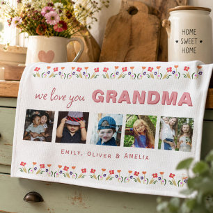 We love you Grandma Flowers 5 Photos Keepsake Tea Towel