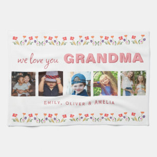 We love you Grandma Flowers 5 Photos Keepsake Tea Towel