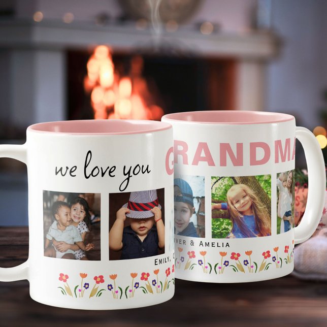 We love you Grandma Flowers 5 Photos Keepsake Two-Tone Coffee Mug (Creator Uploaded)