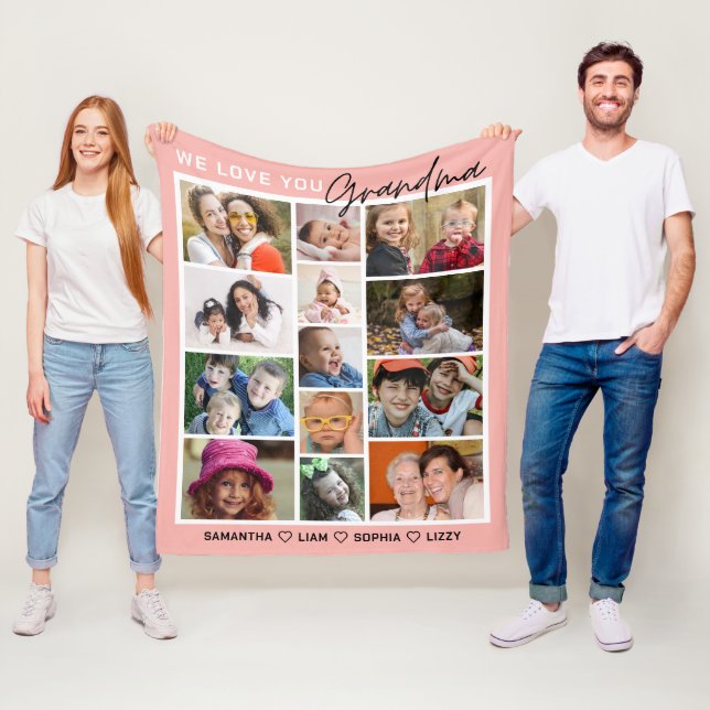 We Love You Grandma Grandkids 13 Photo Collage Fleece Blanket (In Situ)