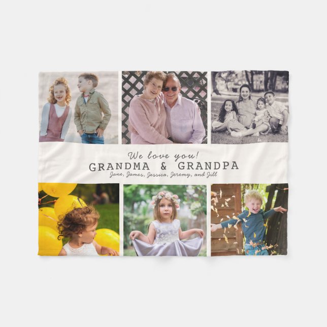 We Love You Grandma & Grandpa 6 Photo Cream White Fleece Blanket (Front (Horizontal))