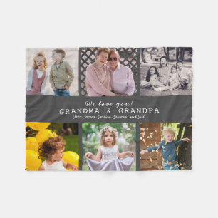We Love You Grandma & Grandpa 6 Photo Dark Grey Fleece Blanket