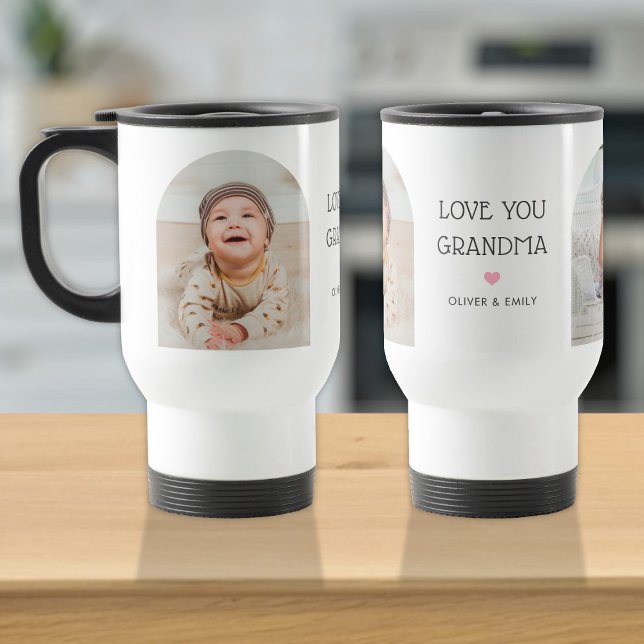 We Love You Grandma Nana 2 Photo Arch & Name Travel Mug (Creator Uploaded)