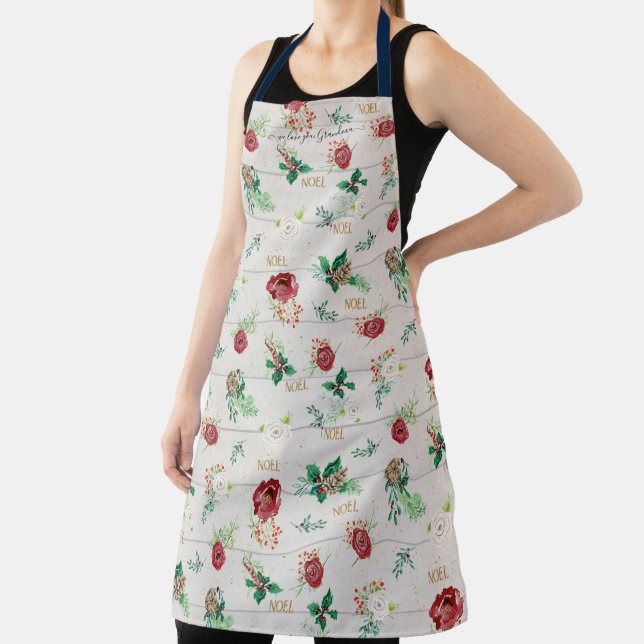 We Love You Grandma Noel Gold Christmas Holly Wood Apron (Insitu)