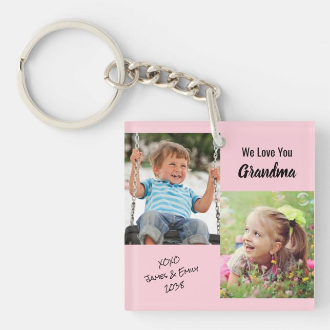 We Love You Grandma Personalised Photos Pink Keych Key Ring (Front)