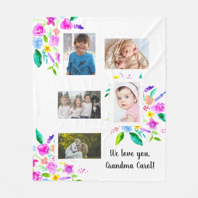 we love you Grandma Photo Collage flowers Fleece Blanket (Front)